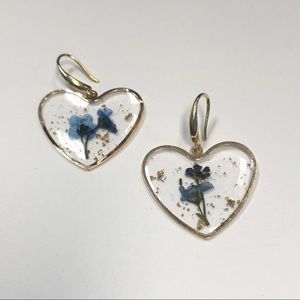 Blue Flower With Gold Foil Heart Earrings
